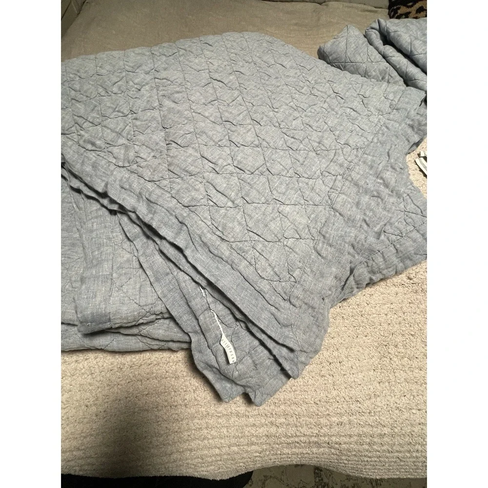 Pottery Barn Belgian Flax Linen Diamond Quilt Chambray Blue F/Q & 2 Euro Shams